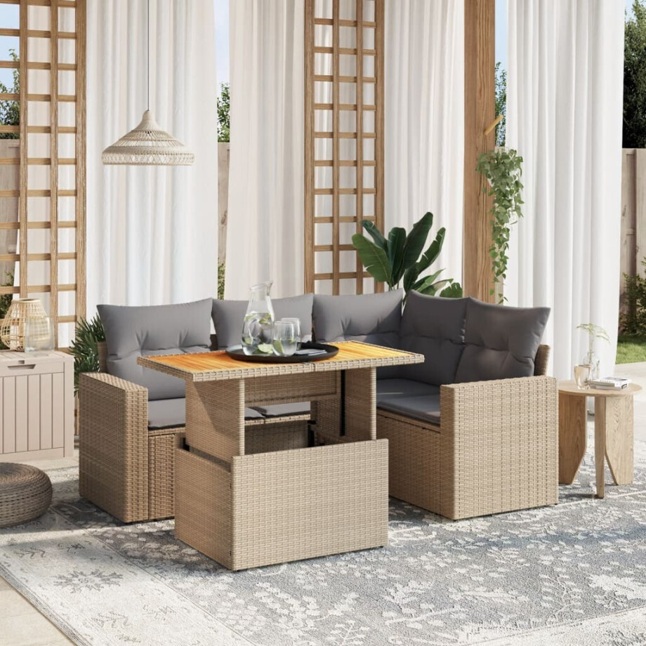 vidaXL 5-delige Loungeset met kussens poly rattan beige afbeelding 1