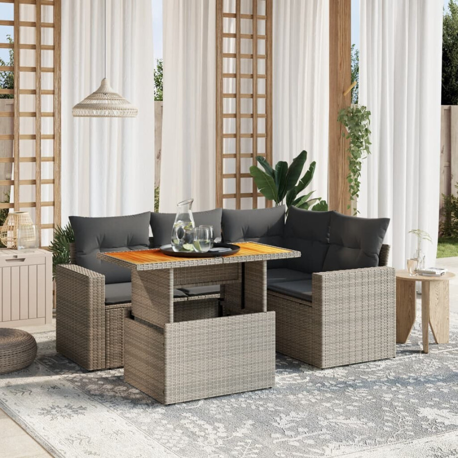 vidaXL 5-delige Loungeset met kussens poly rattan grijs afbeelding 1