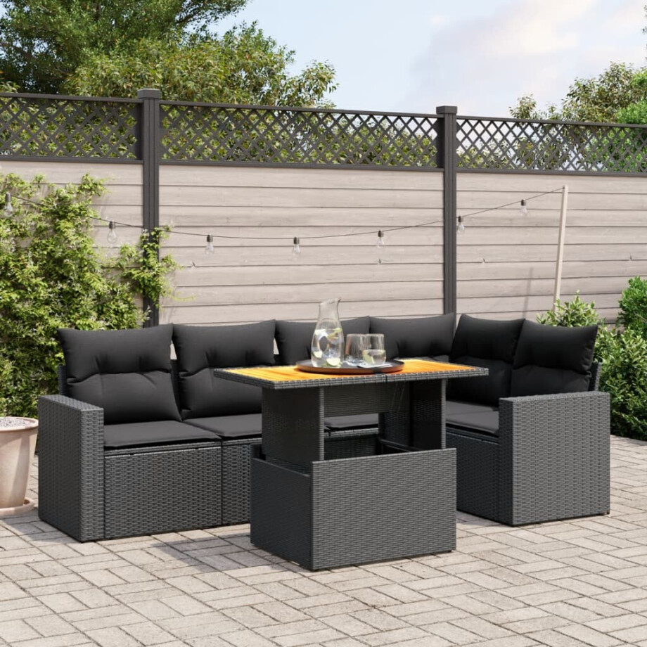 vidaXL 6-delige Loungeset met kussens poly rattan zwart afbeelding 1