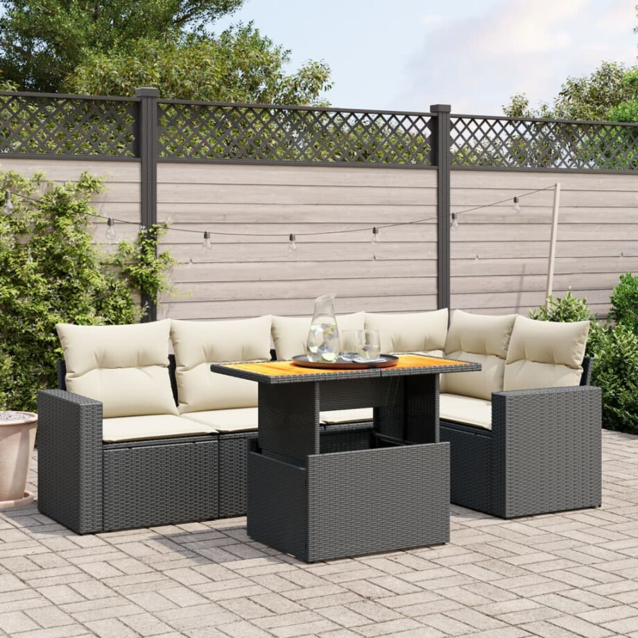 vidaXL 6-delige Loungeset met kussens poly rattan zwart afbeelding 1