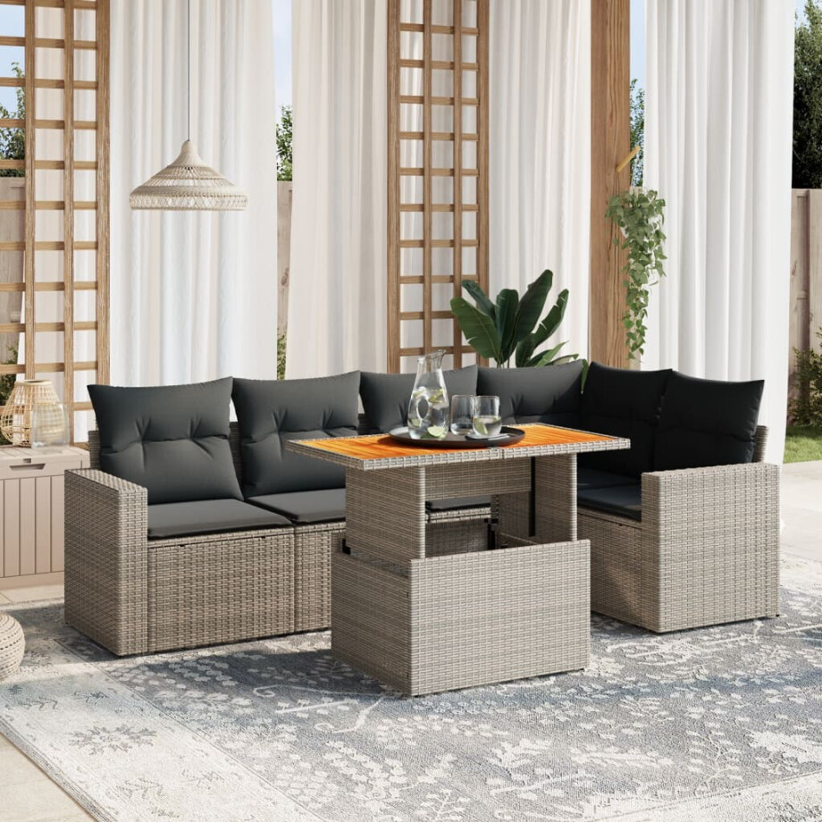 vidaXL 6-delige Loungeset met kussens poly rattan grijs afbeelding 1