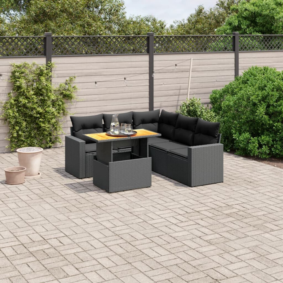 vidaXL 6-delige Loungeset met kussens poly rattan zwart afbeelding 1