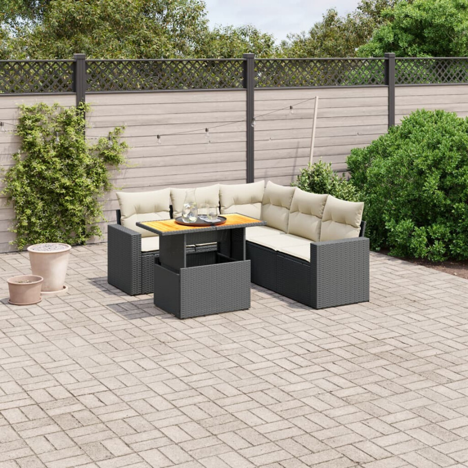 vidaXL 6-delige Loungeset met kussens poly rattan zwart afbeelding 1