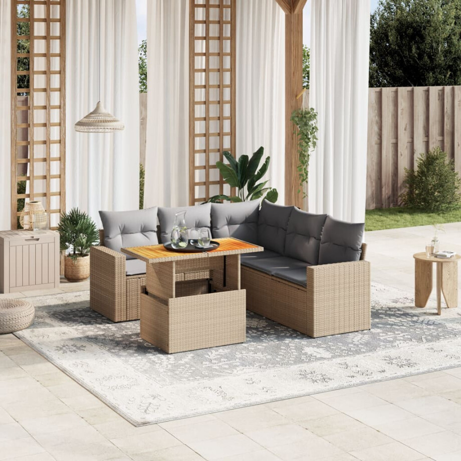 vidaXL 6-delige Loungeset met kussens poly rattan beige afbeelding 1