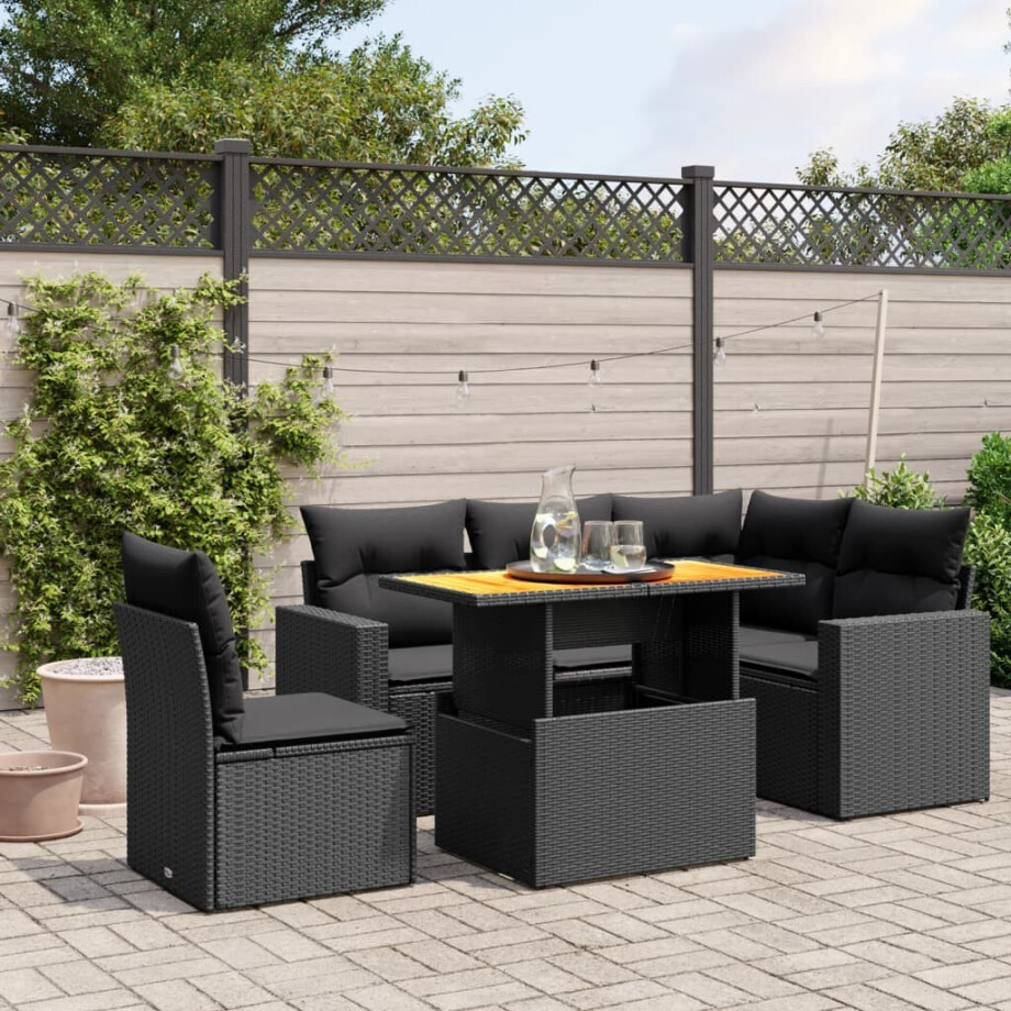 vidaXL 6-delige Loungeset met kussens poly rattan zwart afbeelding 1