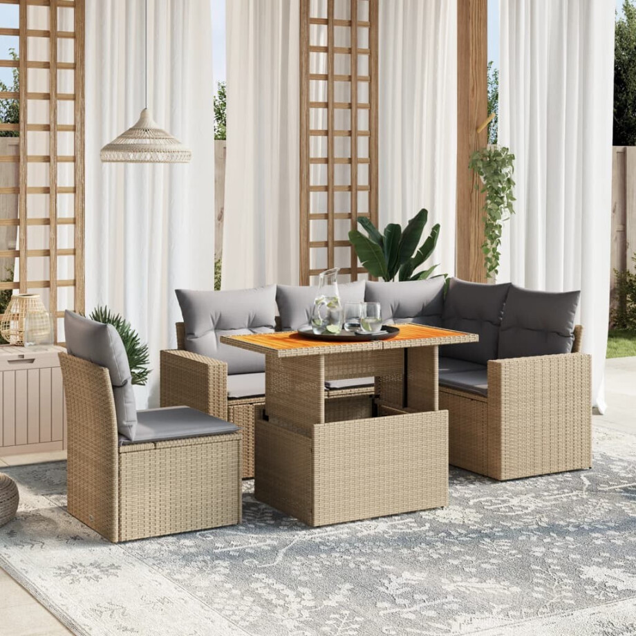 vidaXL 6-delige Loungeset met kussens poly rattan beige afbeelding 1
