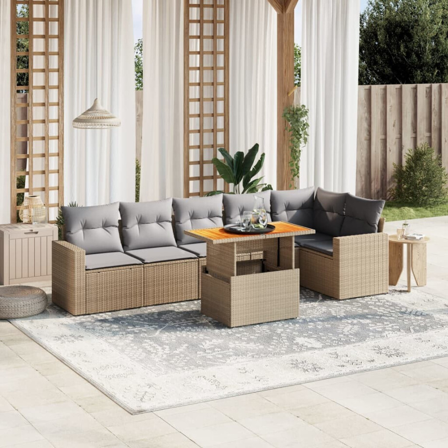 vidaXL 7-delige Loungeset met kussens poly rattan beige afbeelding 1