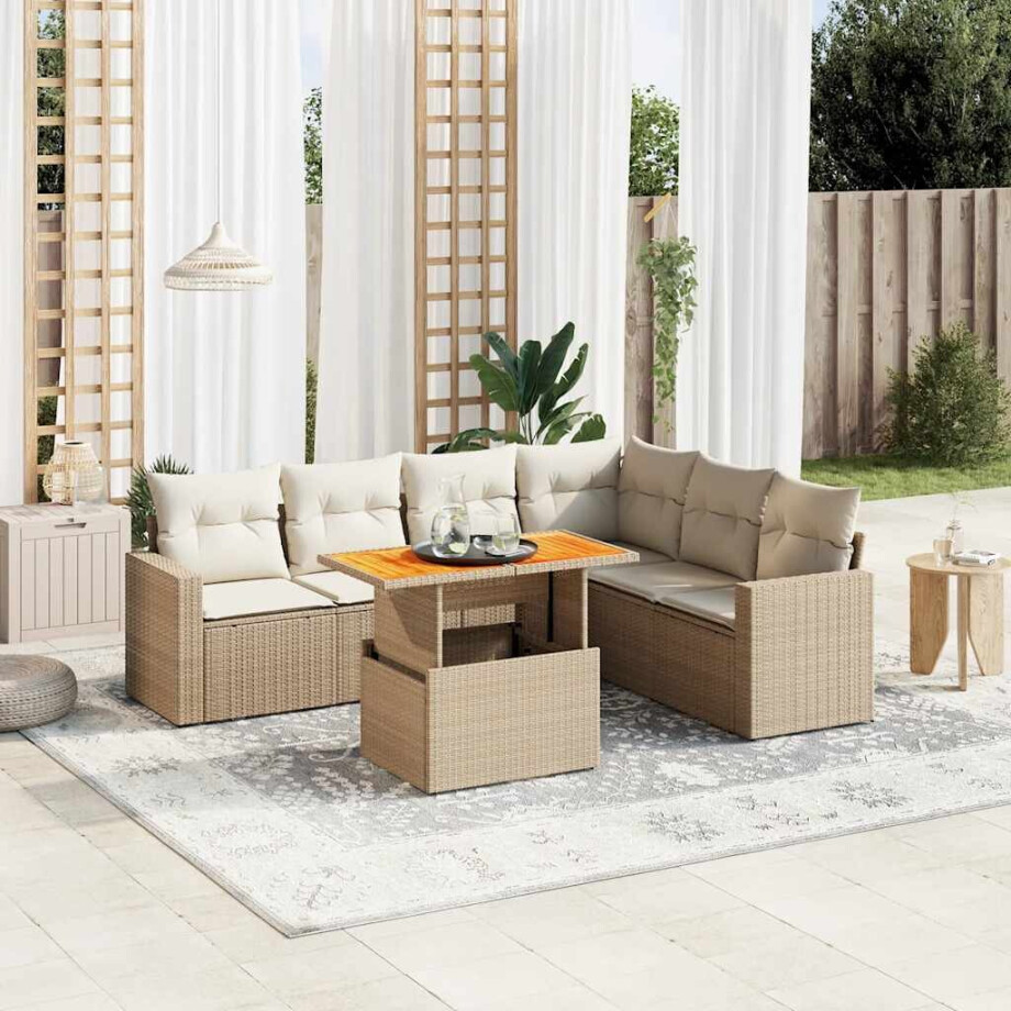 vidaXL 7-delige Loungeset met kussens poly rattan beige afbeelding 1