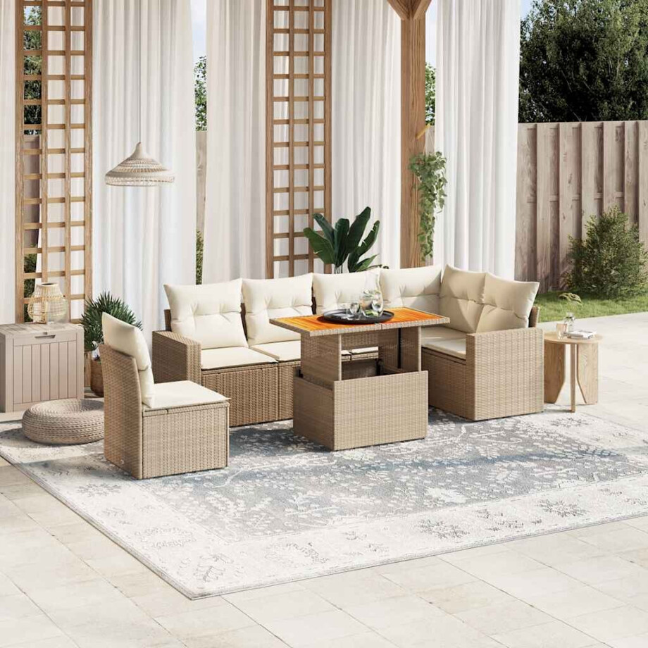 vidaXL 7-delige Loungeset met kussens poly rattan beige afbeelding 1