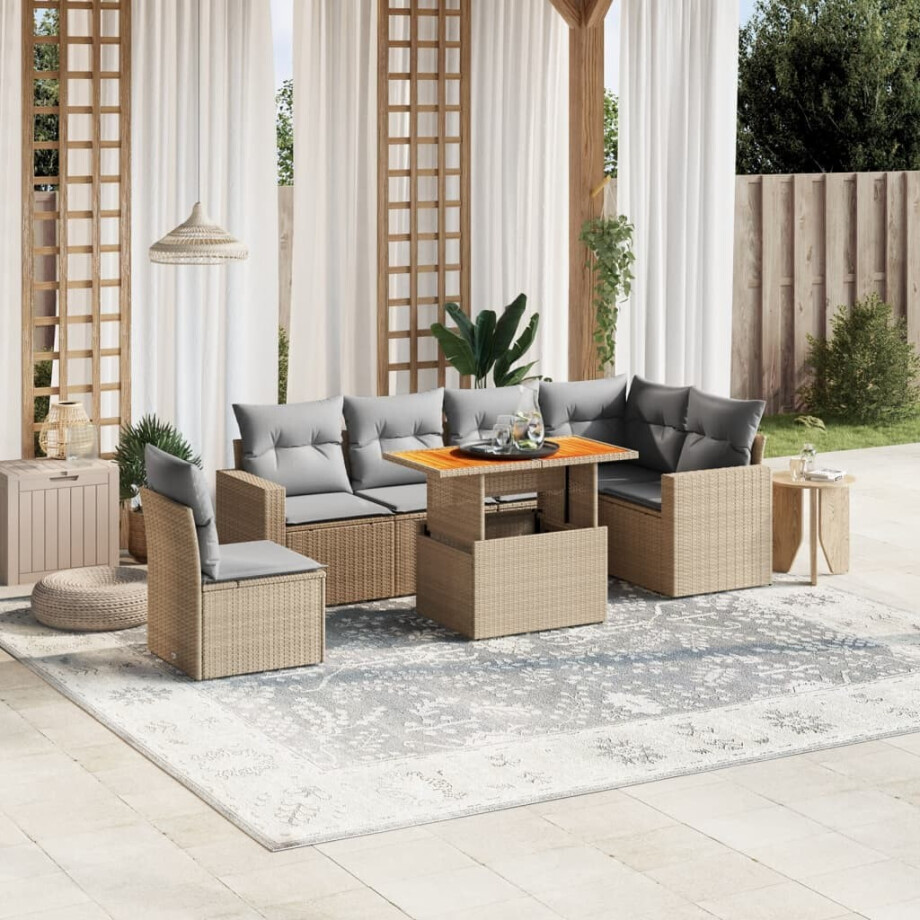 vidaXL 7-delige Loungeset met kussens poly rattan beige afbeelding 1