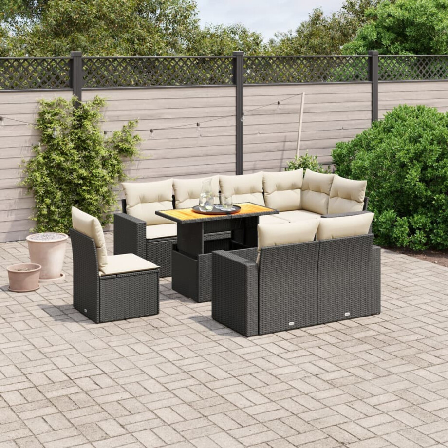 vidaXL 9-delige Loungeset met kussens poly rattan zwart afbeelding 1