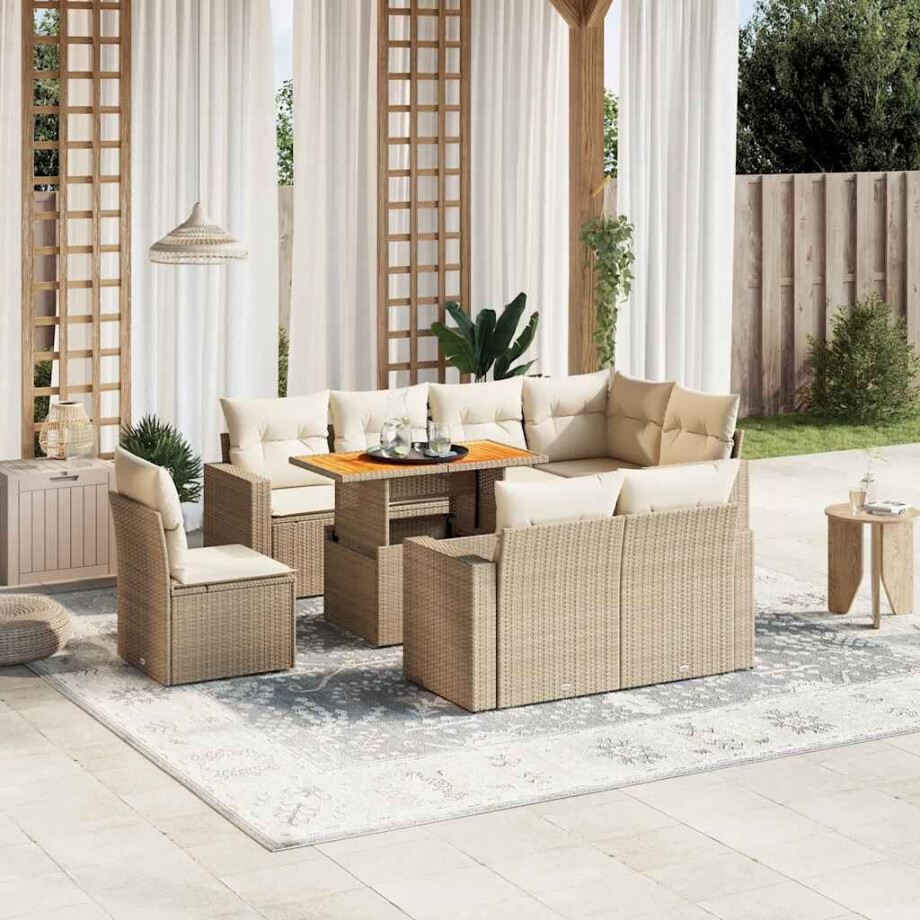 vidaXL 9-delige Loungeset met kussens poly rattan beige afbeelding 1
