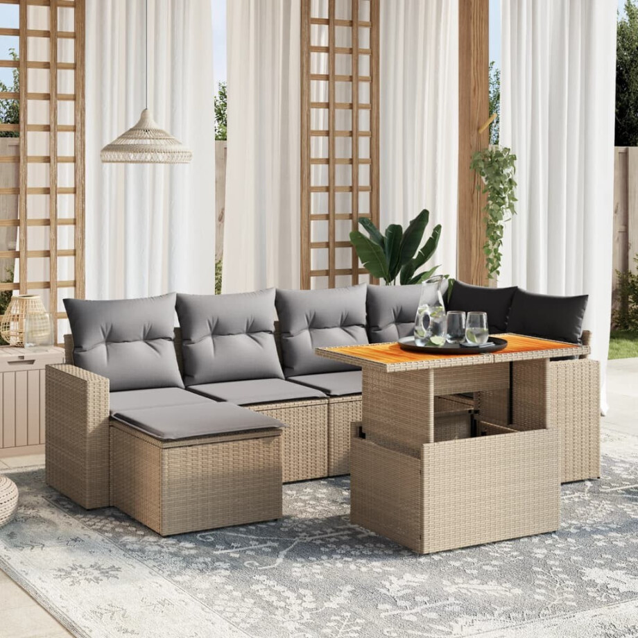 vidaXL 7-delige Loungeset met kussens poly rattan beige afbeelding 1
