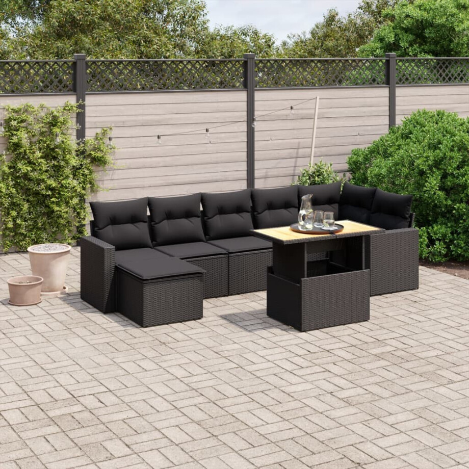 vidaXL 8-delige Loungeset met kussens poly rattan zwart afbeelding 1