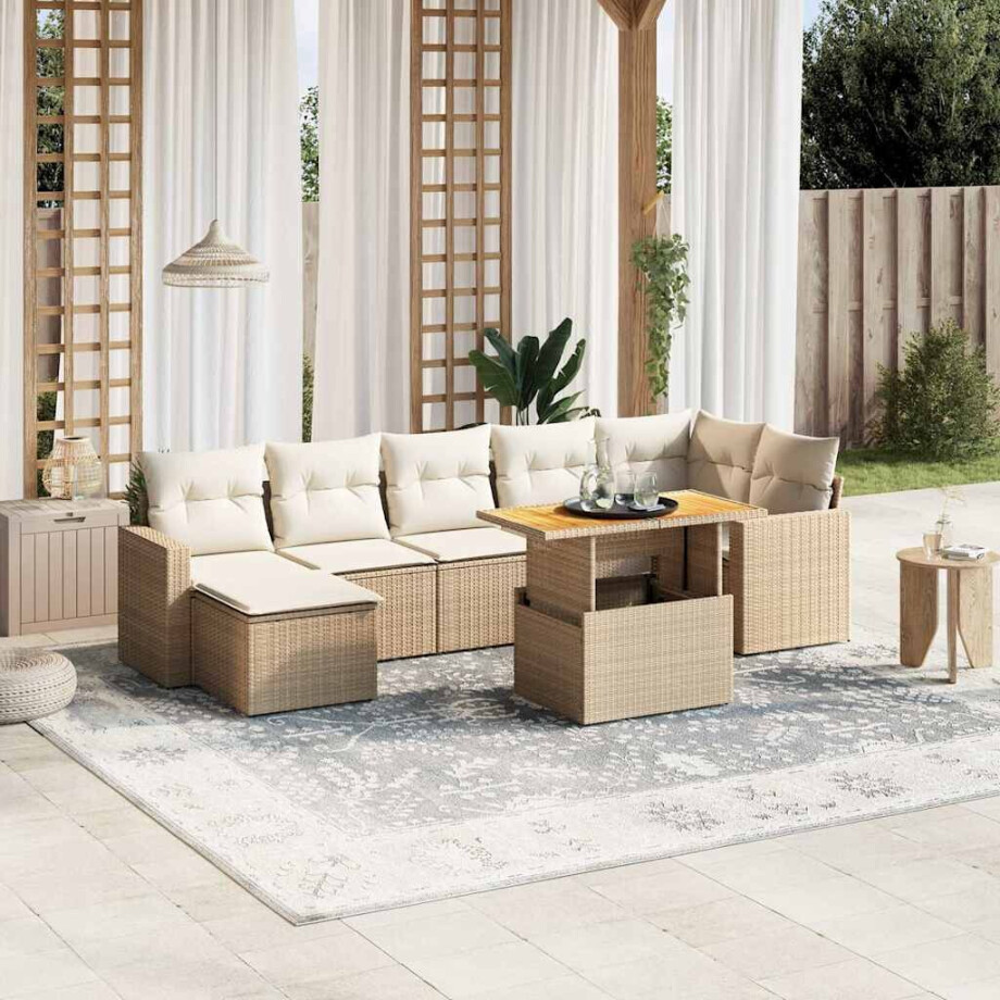 vidaXL 8-delige Loungeset met kussens poly rattan beige afbeelding 1