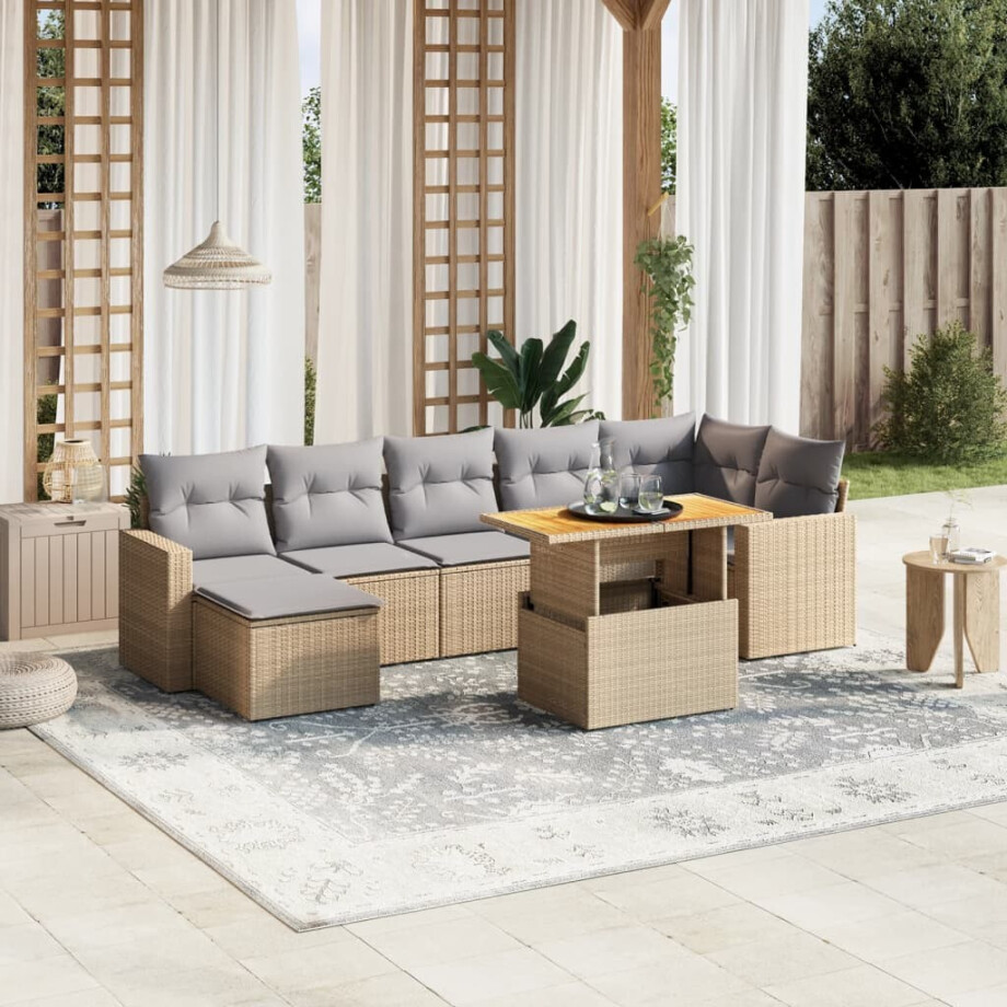 vidaXL 8-delige Loungeset met kussens poly rattan beige afbeelding 1