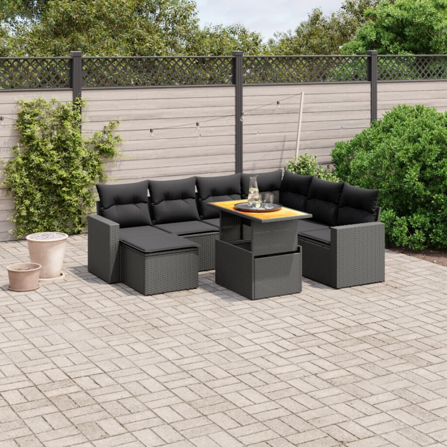 vidaXL 8-delige Loungeset met kussens poly rattan zwart afbeelding 1