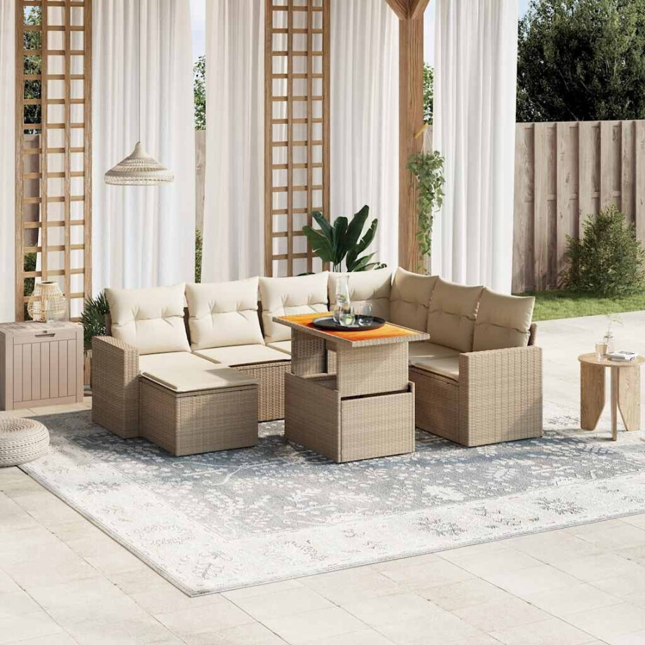 vidaXL 8-delige Loungeset met kussens poly rattan beige afbeelding 1
