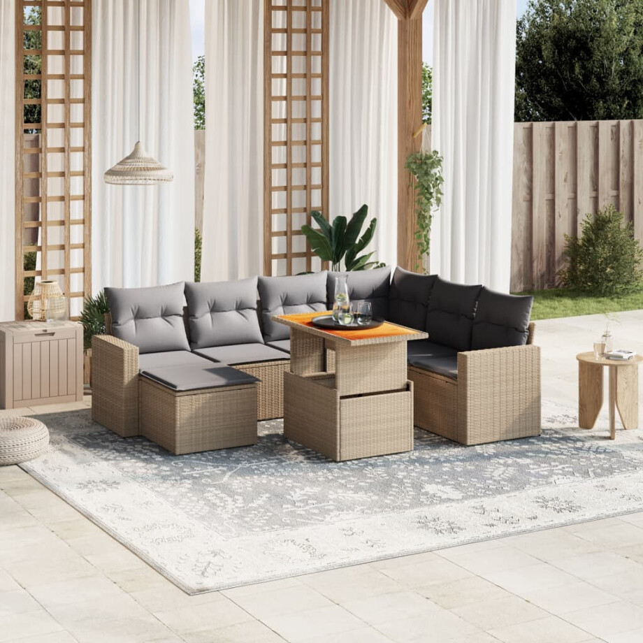 vidaXL 8-delige Loungeset met kussens poly rattan beige afbeelding 1