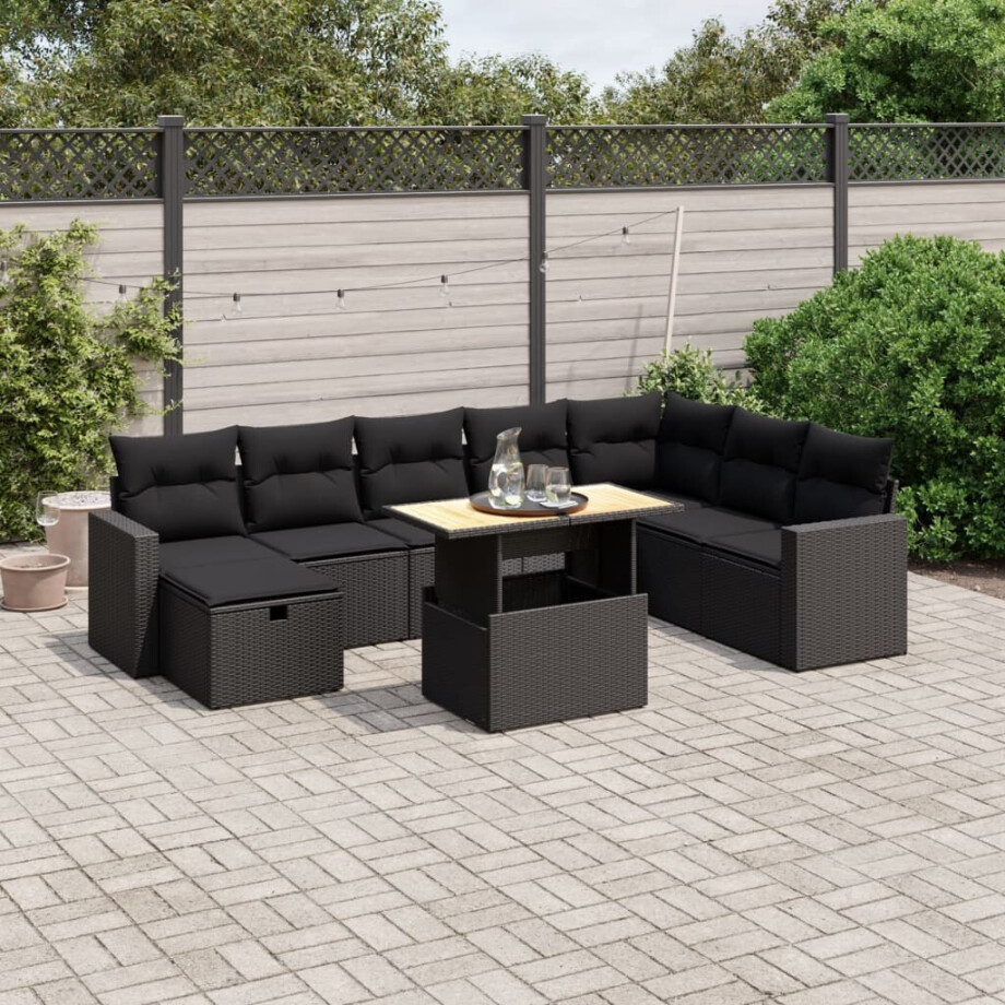 vidaXL 9-delige Loungeset met kussens poly rattan zwart afbeelding 1
