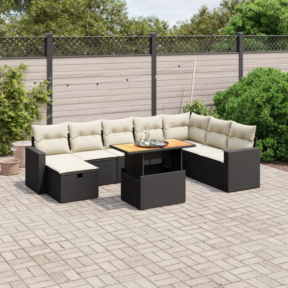 vidaXL 9-delige Loungeset met kussens poly rattan zwart afbeelding 1