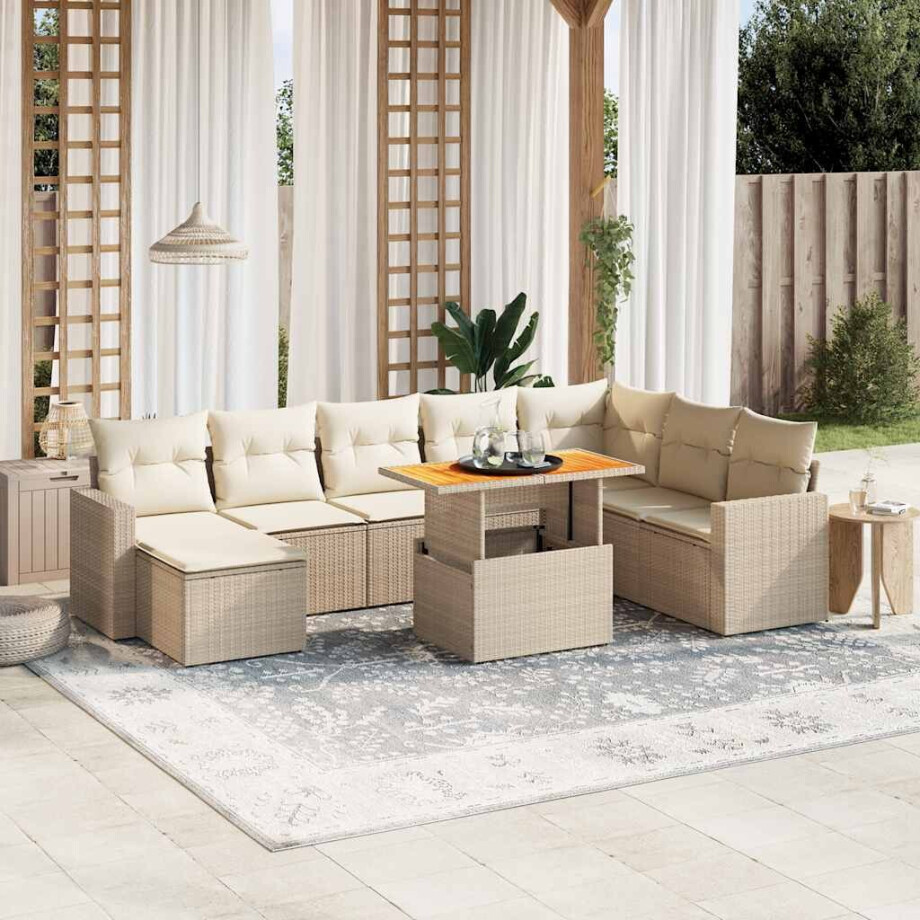 vidaXL 9-delige Loungeset met kussens poly rattan beige afbeelding 1