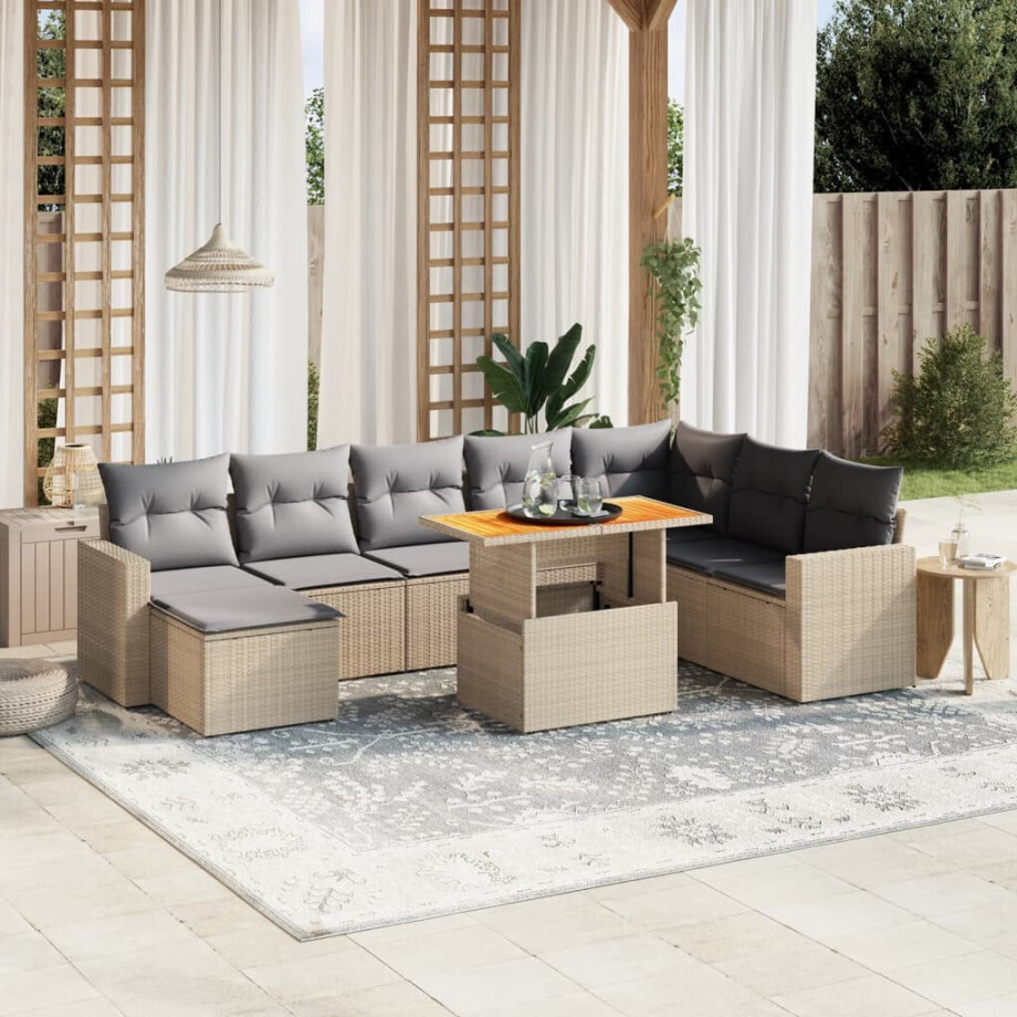 vidaXL 9-delige Loungeset met kussens poly rattan beige afbeelding 1