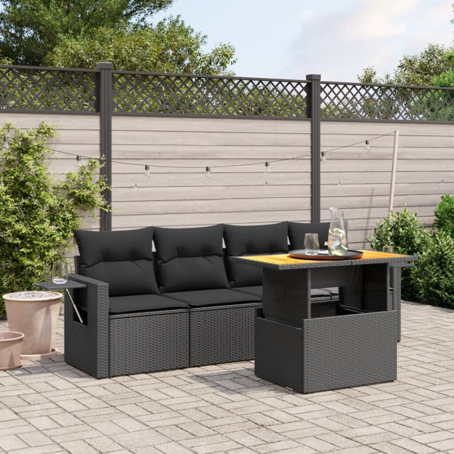 vidaXL 5-delige Loungeset met kussens poly rattan zwart vidaXL 5-delige Loungeset met kussens poly rattan zwart afbeelding 1