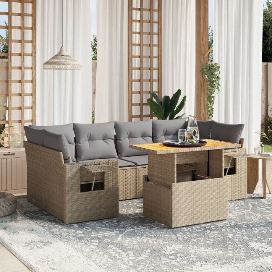 vidaXL 7-delige Loungeset met kussens poly rattan beige afbeelding 1