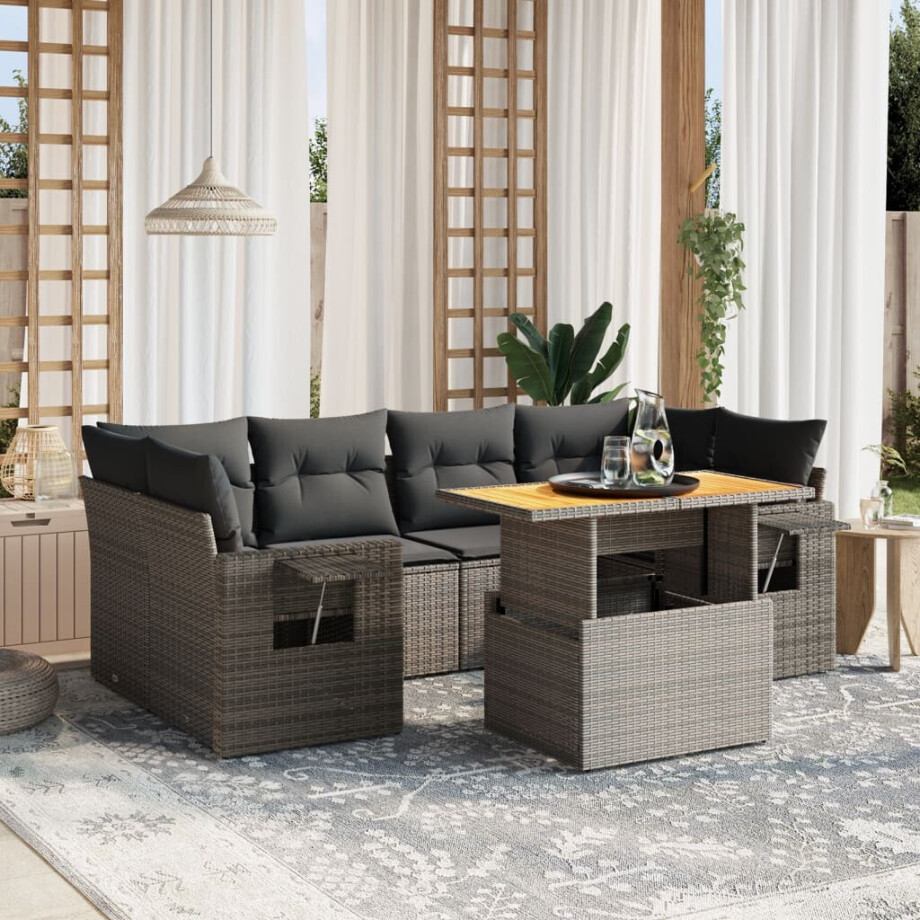 vidaXL 7-delige Loungeset met kussens poly rattan grijs afbeelding 1