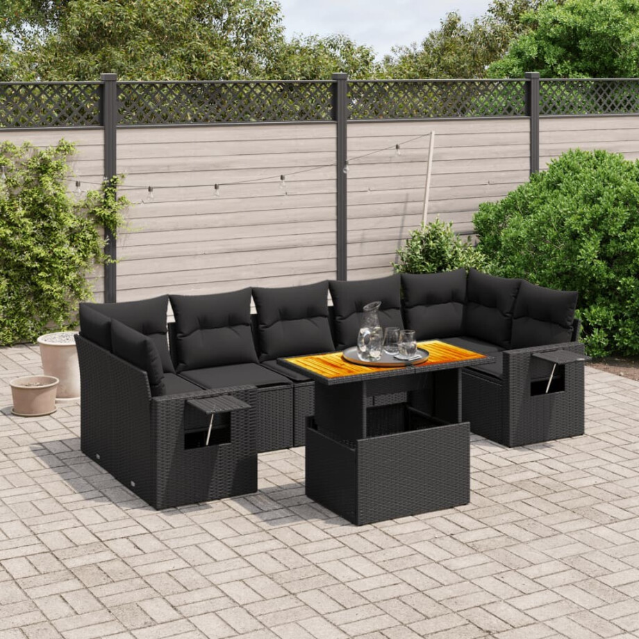 vidaXL 8-delige Loungeset met kussens poly rattan zwart afbeelding 1