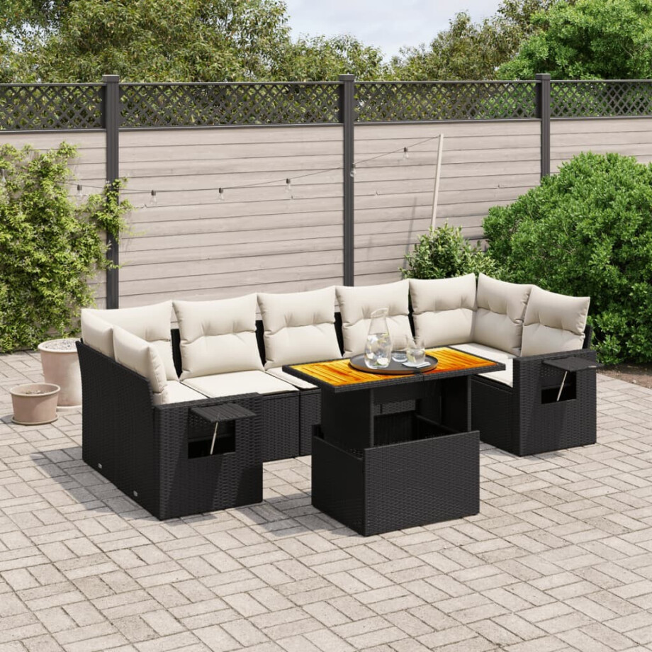 vidaXL 8-delige Loungeset met kussens poly rattan zwart afbeelding 1