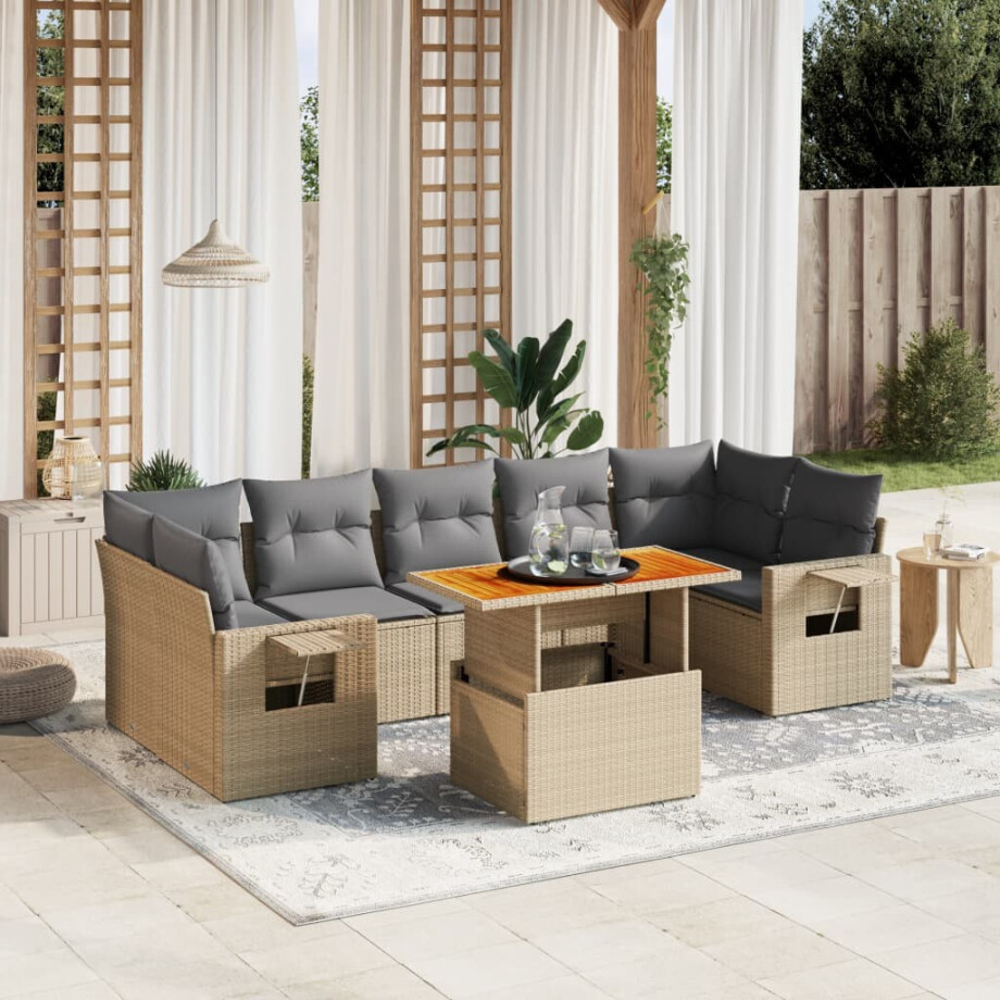 vidaXL 8-delige Loungeset met kussens poly rattan beige afbeelding 1