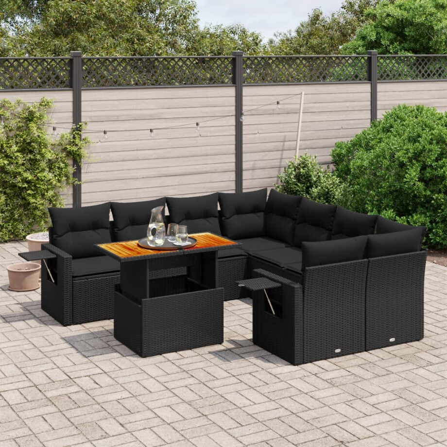vidaXL 9-delige Loungeset met kussens poly rattan zwart afbeelding 1