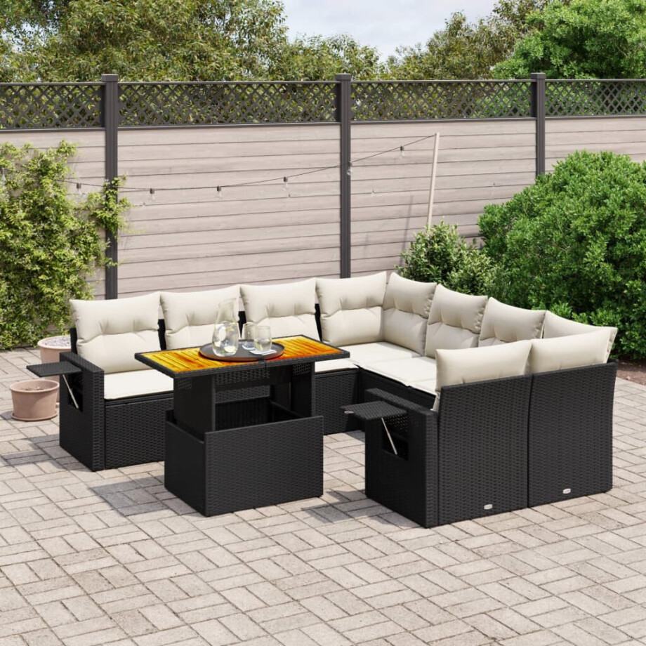 vidaXL 9-delige Loungeset met kussens poly rattan zwart afbeelding 1