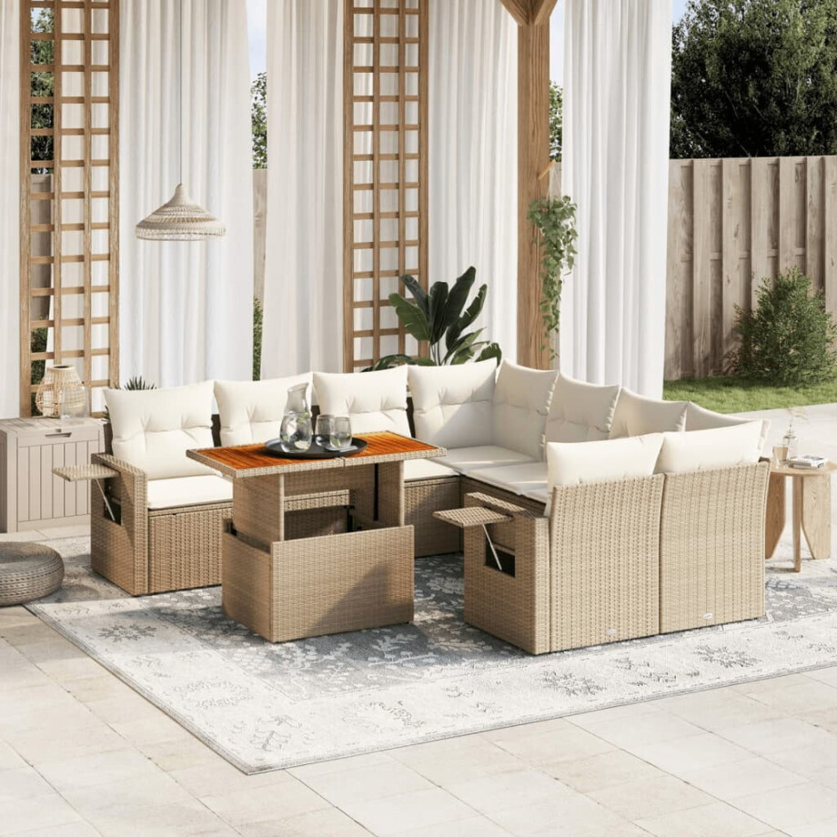 vidaXL 9-delige Loungeset met kussens poly rattan beige afbeelding 1
