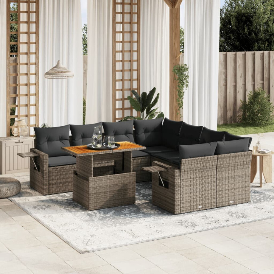 vidaXL 9-delige Loungeset met kussens poly rattan grijs afbeelding 1
