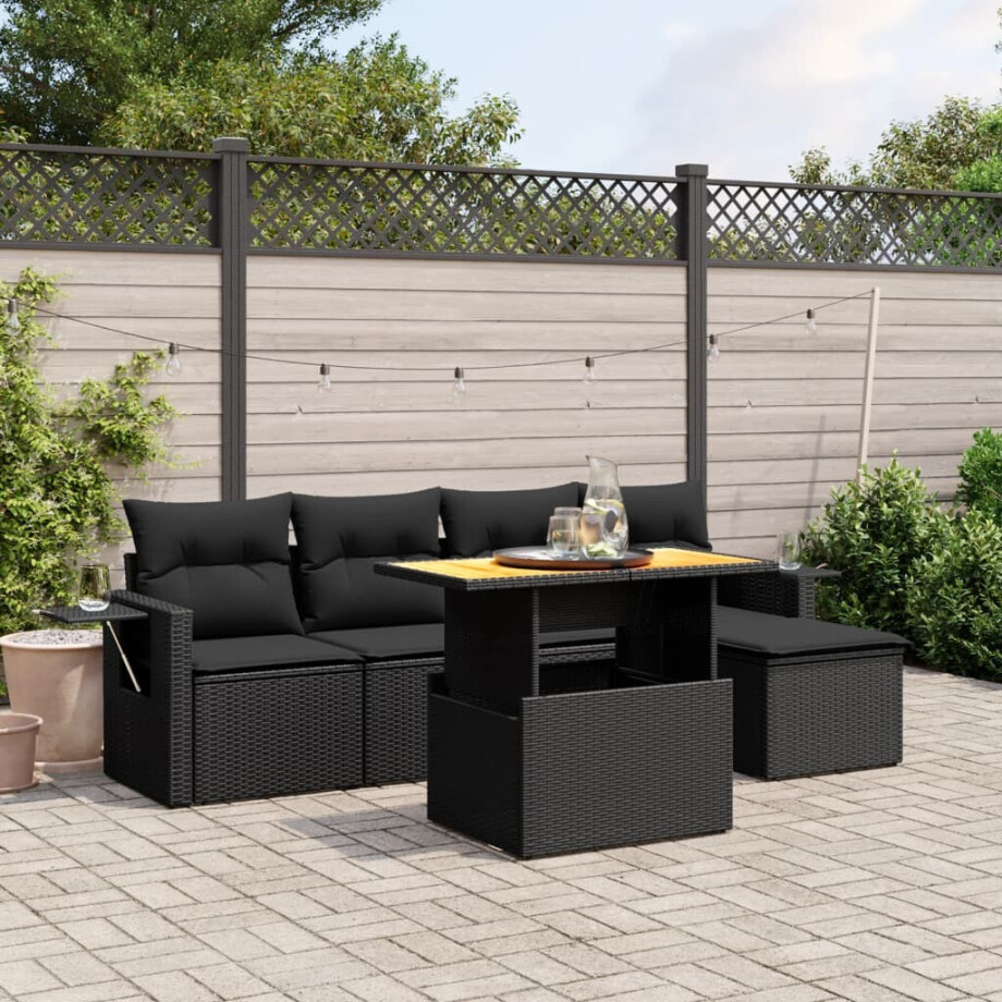 vidaXL 6-delige Loungeset met kussens poly rattan zwart afbeelding 1