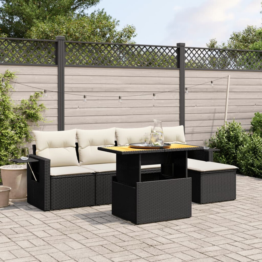 vidaXL 6-delige Loungeset met kussens poly rattan zwart afbeelding 1