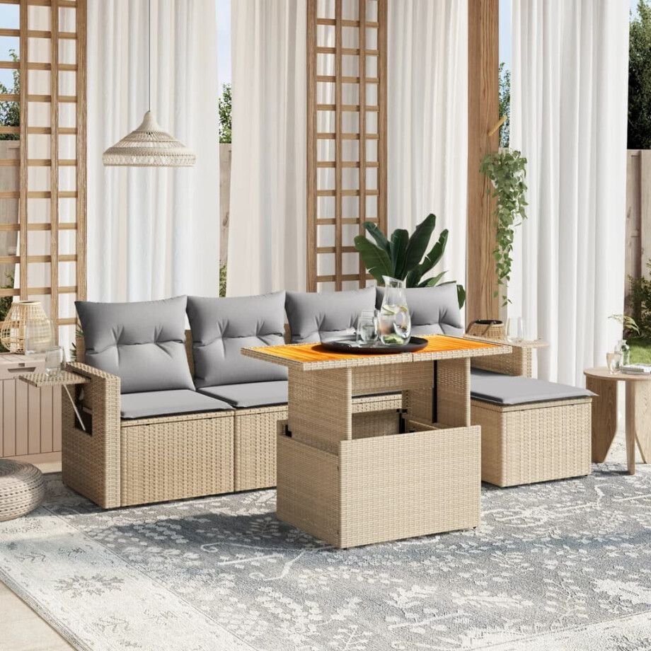 vidaXL 6-delige Loungeset met kussens poly rattan beige afbeelding 1