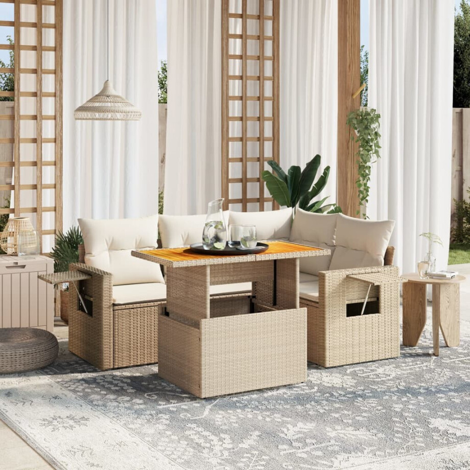 vidaXL 5-delige Loungeset met kussens poly rattan beige afbeelding 1