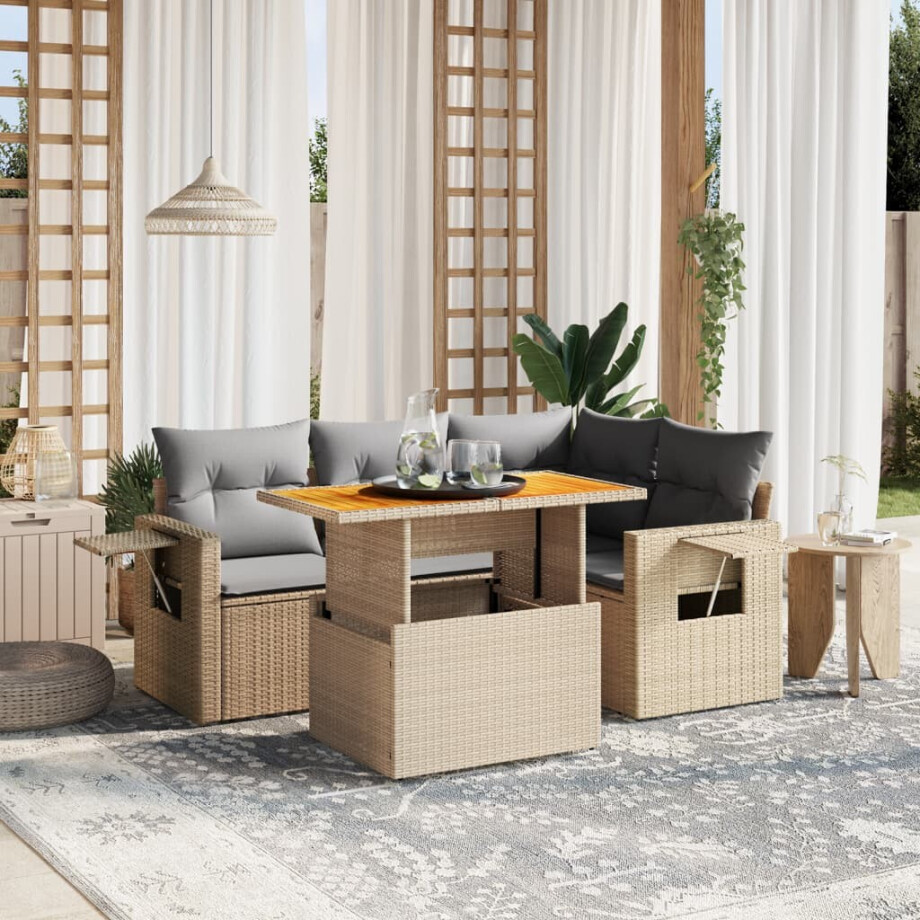 vidaXL 5-delige Loungeset met kussens poly rattan beige afbeelding 1