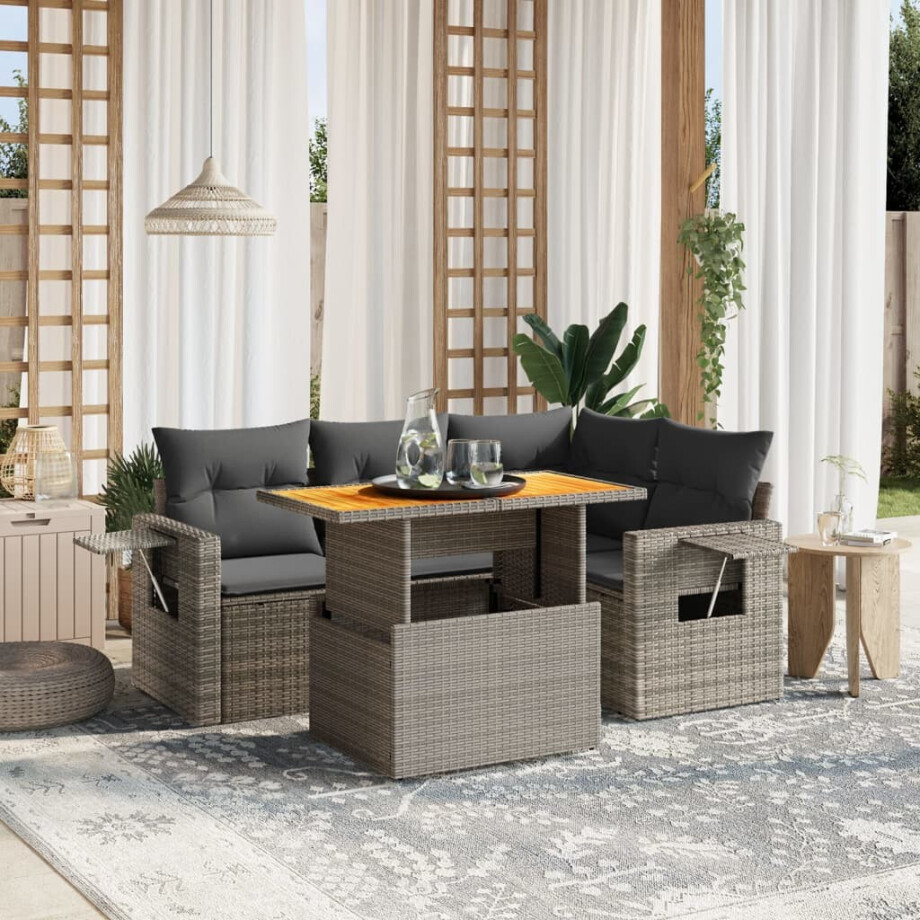 vidaXL 5-delige Loungeset met kussens poly rattan grijs afbeelding 1