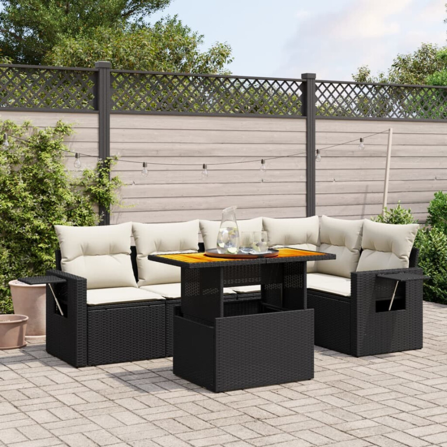 vidaXL 6-delige Loungeset met kussens poly rattan zwart afbeelding 1