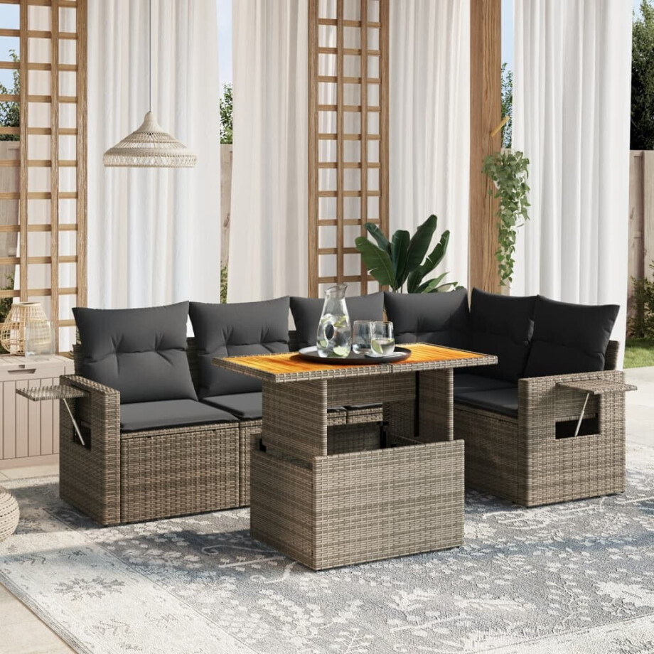 vidaXL 6-delige Loungeset met kussens poly rattan grijs afbeelding 1