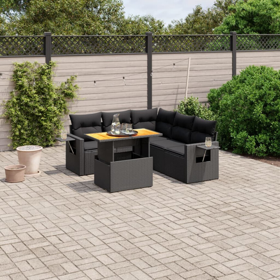 vidaXL 6-delige Loungeset met kussens poly rattan zwart afbeelding 1