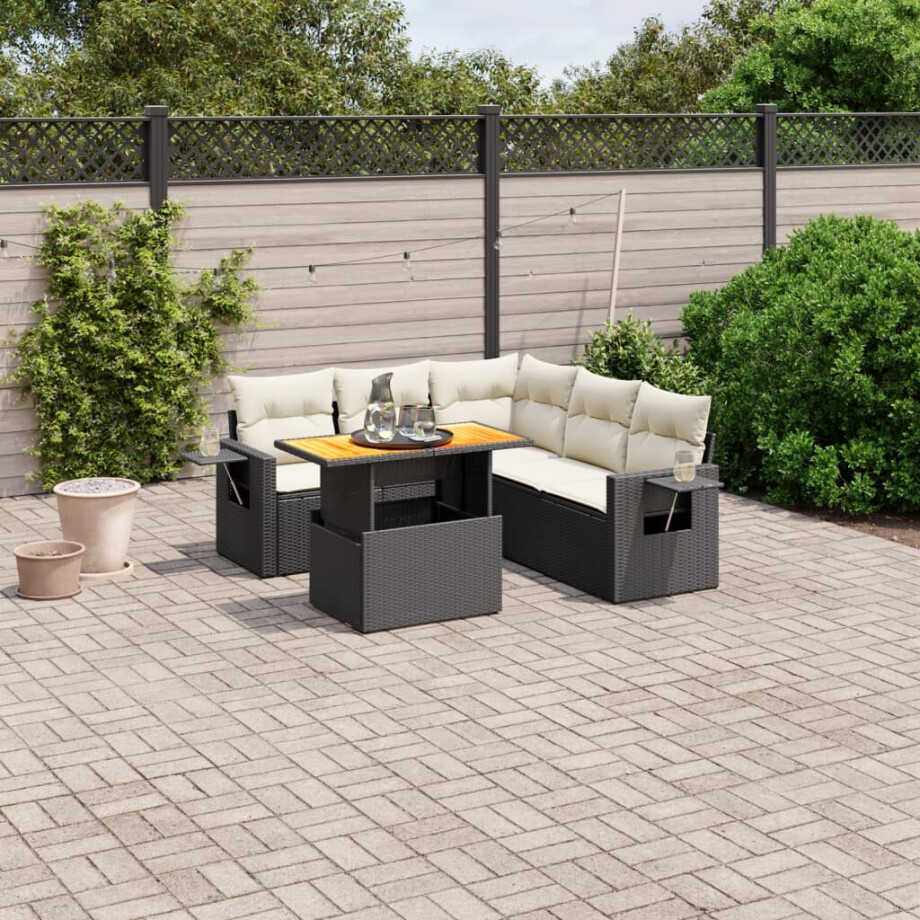vidaXL 6-delige Loungeset met kussens poly rattan zwart afbeelding 1
