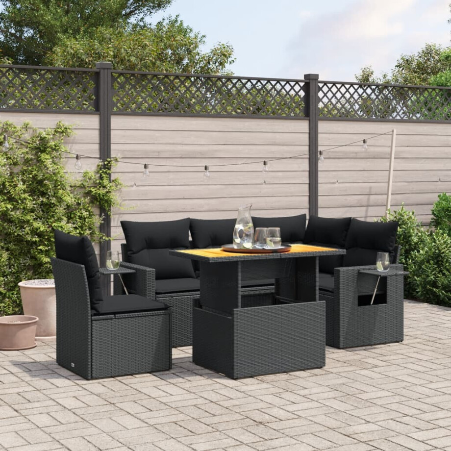 vidaXL 6-delige Loungeset met kussens poly rattan zwart afbeelding 1