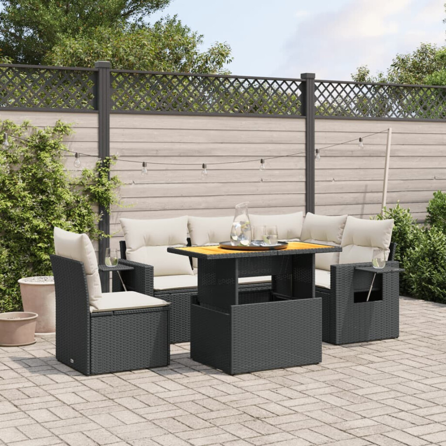 vidaXL 6-delige Loungeset met kussens poly rattan zwart afbeelding 1