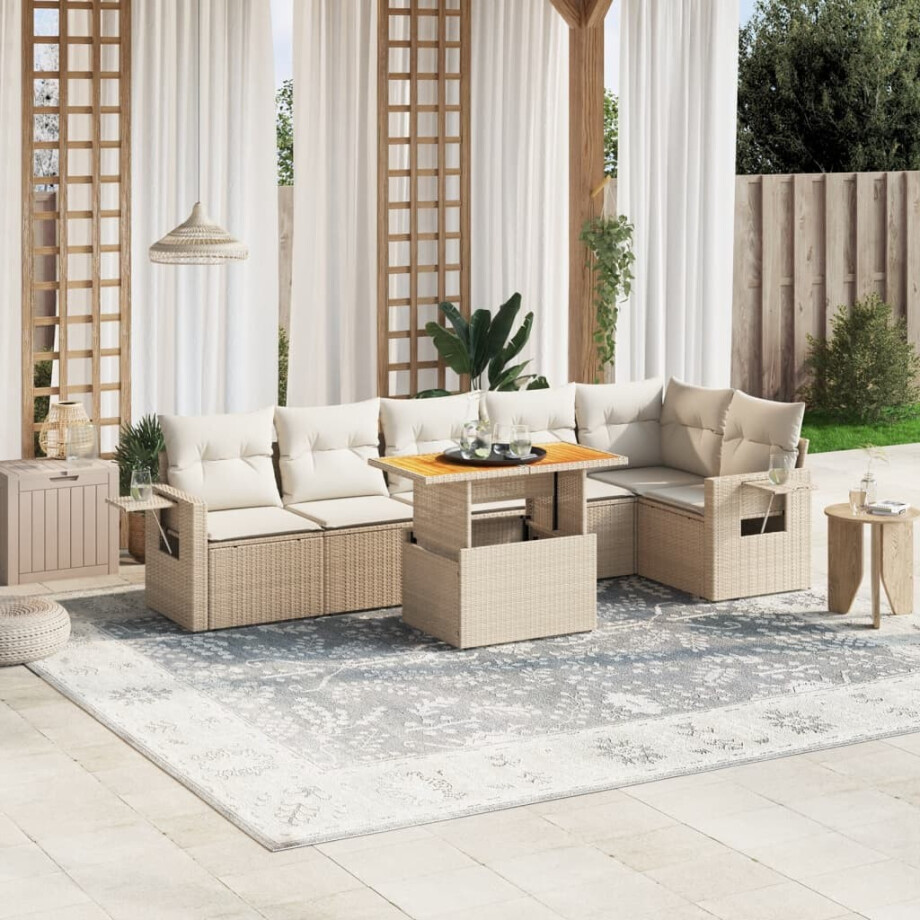 vidaXL 7-delige Loungeset met kussens poly rattan beige afbeelding 1